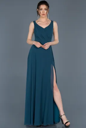 14683 Oil Green Slit Chiffon Dress