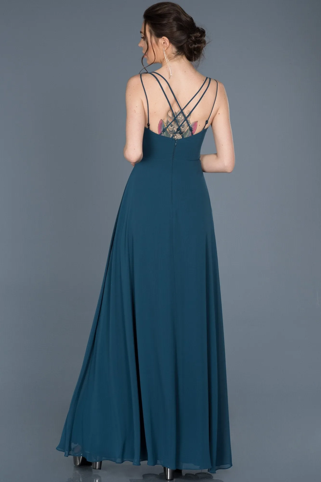 14683 Oil Green Slit Chiffon Dress