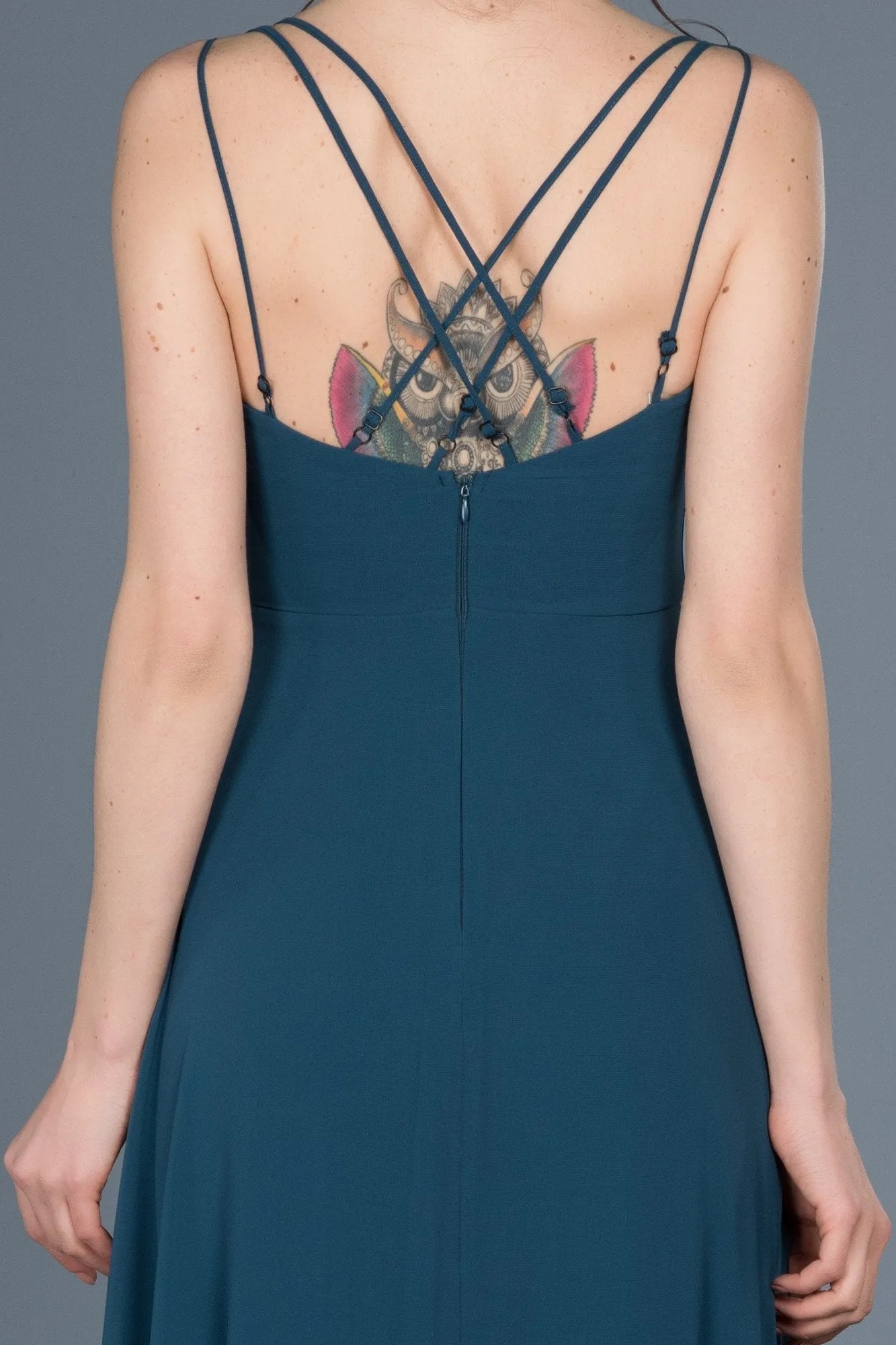 14683 Oil Green Slit Chiffon Dress