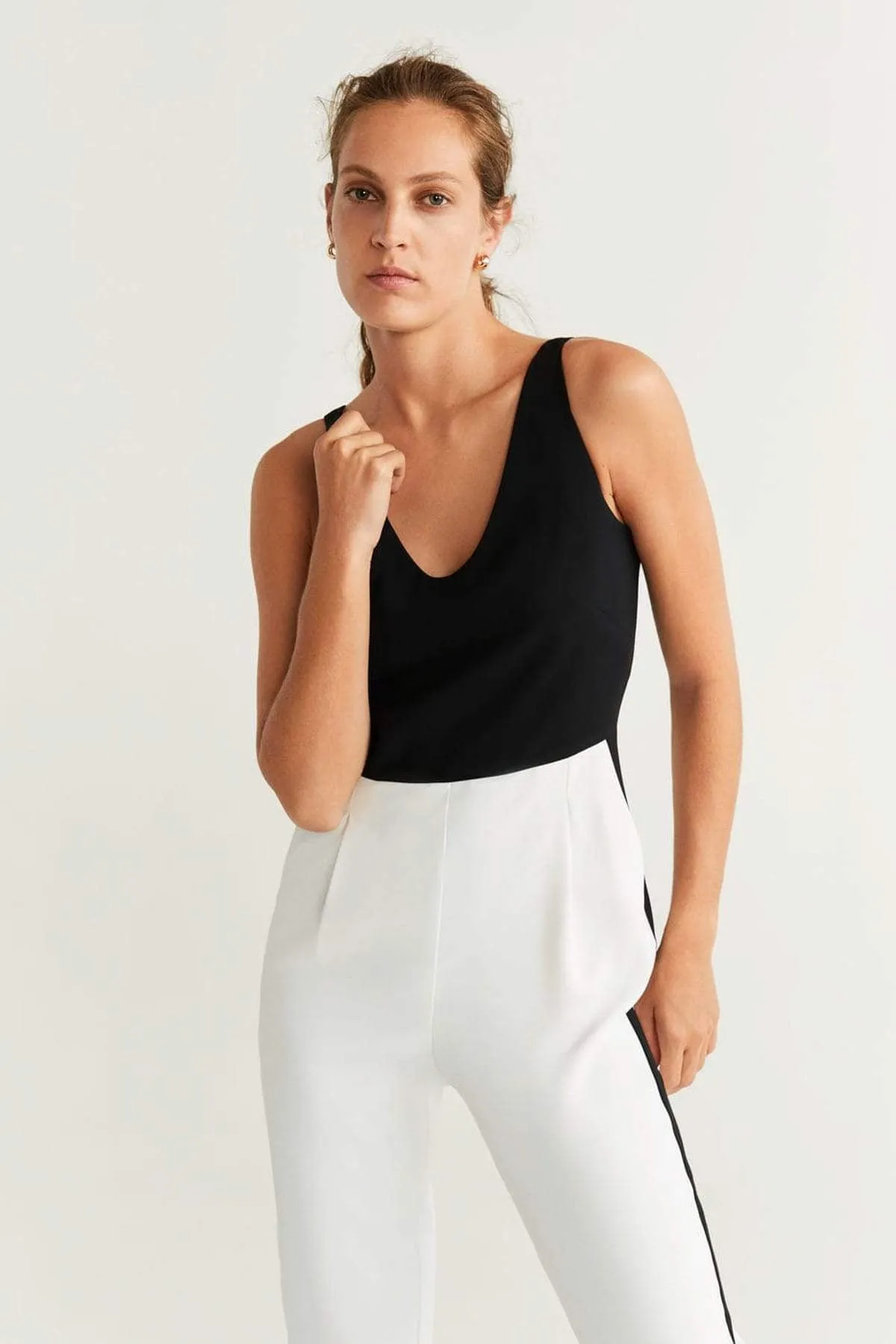 16187 Black-Ecru Colour Block Jumpsuit