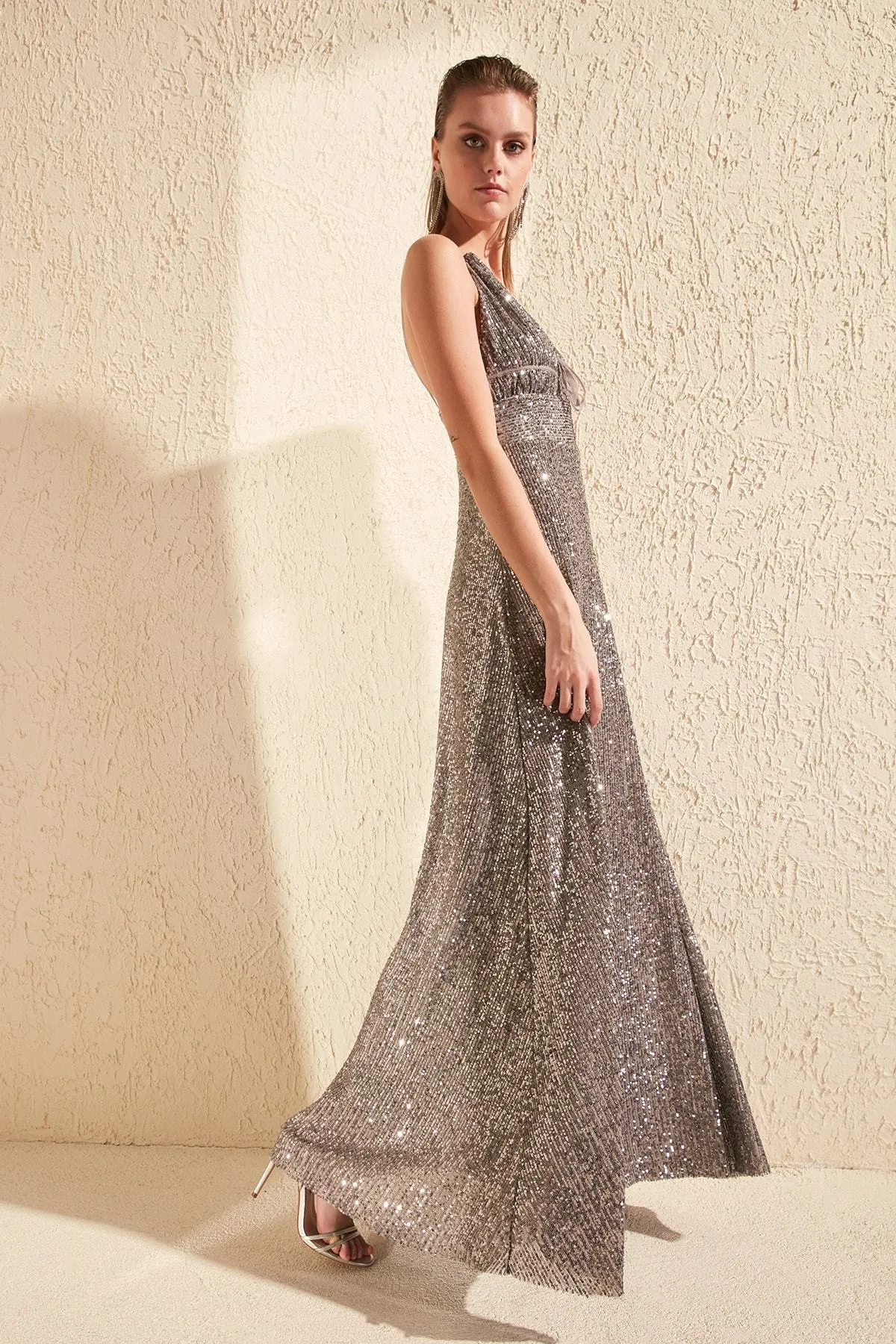 16436 Grey Sequinned Strap Dress