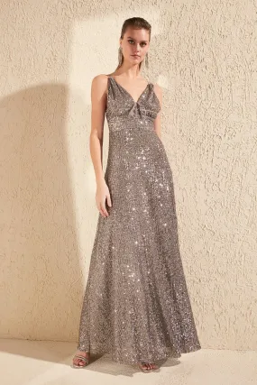 16436 Grey Sequinned Strap Dress
