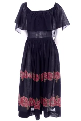 1970s Albert Nipon Vintage Black Red Roses Peasant Dress