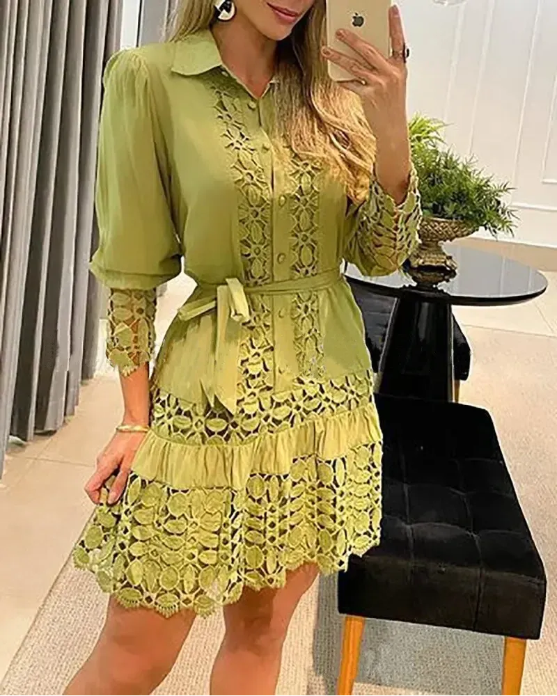 2023 Spring Shirt Dress Guipure Lace Patch with Cami Dresses Women White Wedding Hollow Out Loose Y2k Party Holiday Vestido
