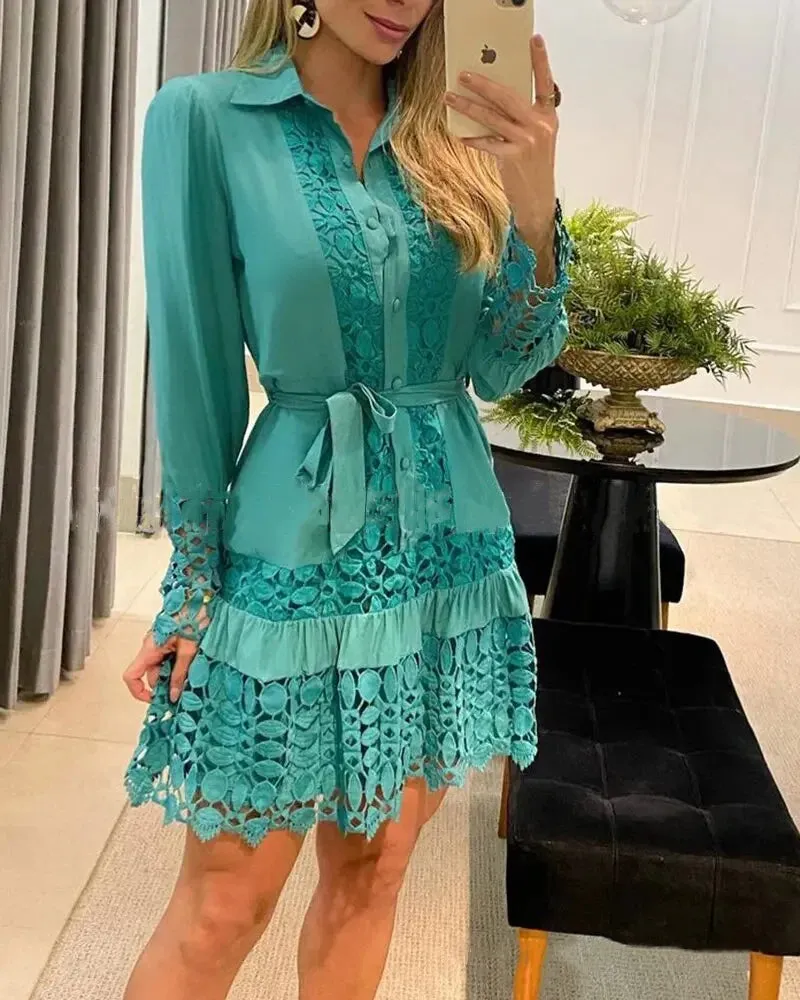 2023 Spring Shirt Dress Guipure Lace Patch with Cami Dresses Women White Wedding Hollow Out Loose Y2k Party Holiday Vestido
