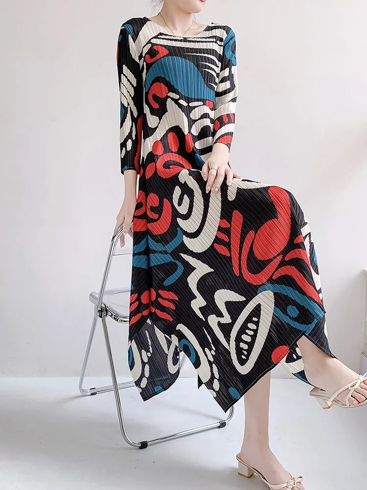 3/4 Sleeve Graffiti Irregular High Waisted Large Hem Dress
