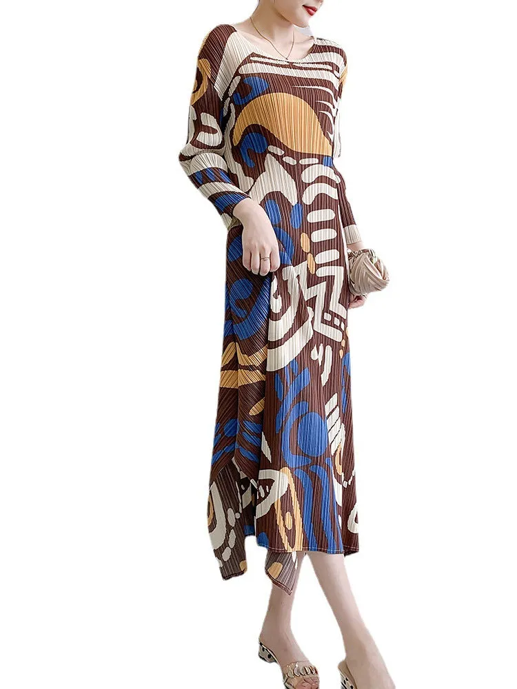 3/4 Sleeve Graffiti Irregular High Waisted Large Hem Dress