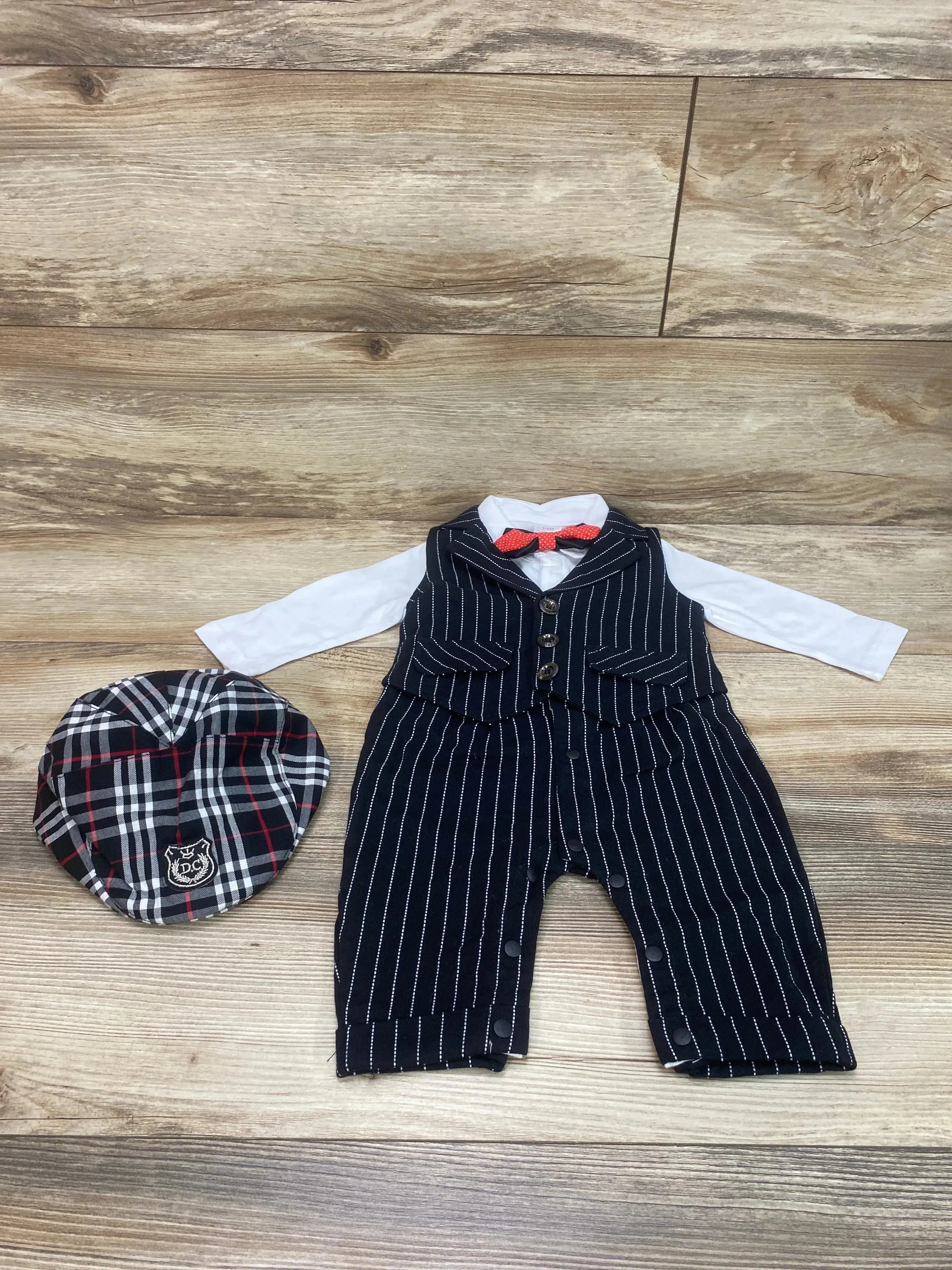 3pc Striped Vest Jumpsuit Set Black sz 3-6m