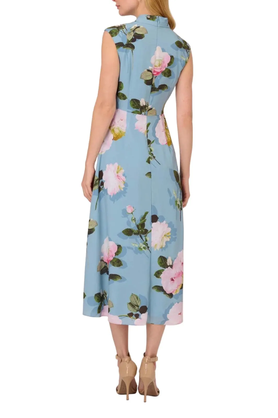 Adrianna Papell Tie Neck Sleeveless Zipper Back Floral Print Slit Side Crepe Dress