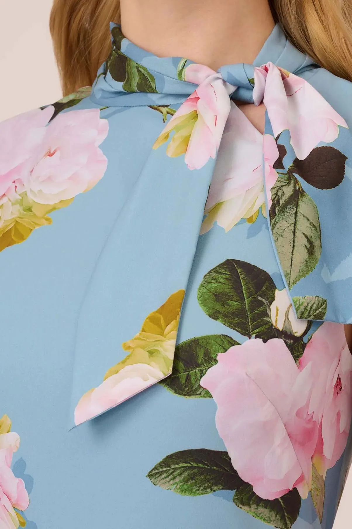 Adrianna Papell Tie Neck Sleeveless Zipper Back Floral Print Slit Side Crepe Dress