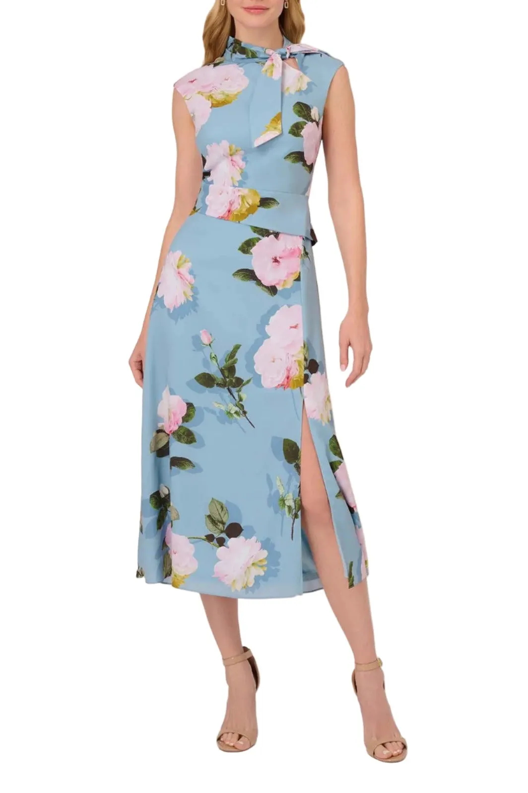 Adrianna Papell Tie Neck Sleeveless Zipper Back Floral Print Slit Side Crepe Dress