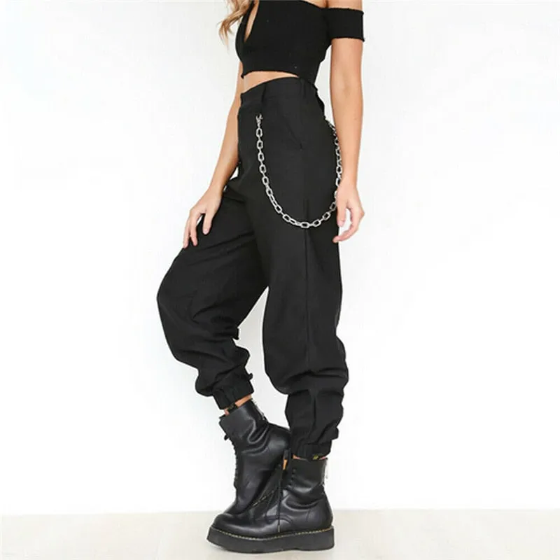 ASHORESHOP Black Khaki Women Casual High Waist Cargo Comfortable Roomy Pants