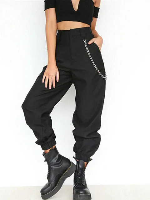 ASHORESHOP Black Khaki Women Casual High Waist Cargo Comfortable Roomy Pants