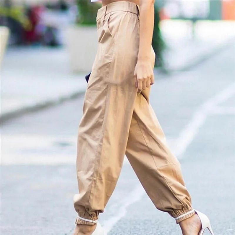 ASHORESHOP Black Khaki Women Casual High Waist Cargo Comfortable Roomy Pants