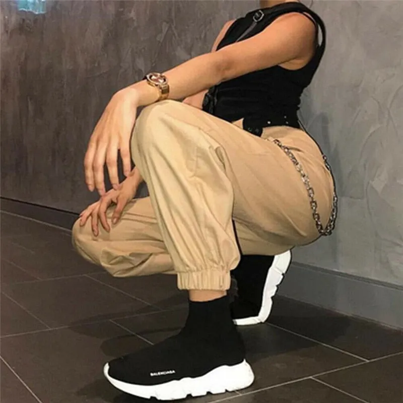 ASHORESHOP Black Khaki Women Casual High Waist Cargo Comfortable Roomy Pants