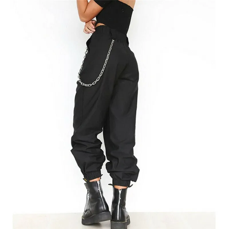 ASHORESHOP Black Khaki Women Casual High Waist Cargo Comfortable Roomy Pants
