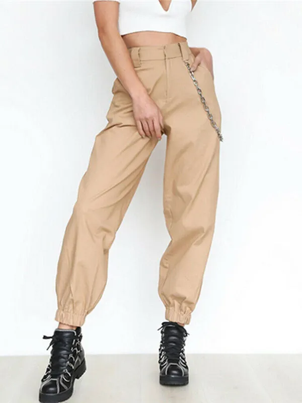 ASHORESHOP Black Khaki Women Casual High Waist Cargo Comfortable Roomy Pants