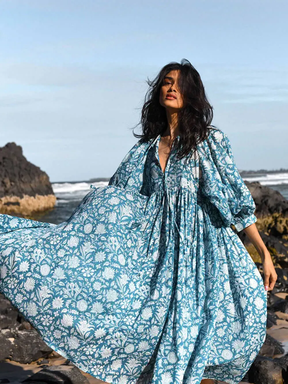 Azure Bloom - Floral Balloon Sleeve Midi Dress