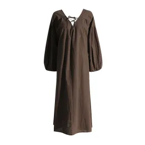Backless Folds Dresses For Women V Neck Puff Sleeve High Waist Minimalist Dress Female Fashion Clothing