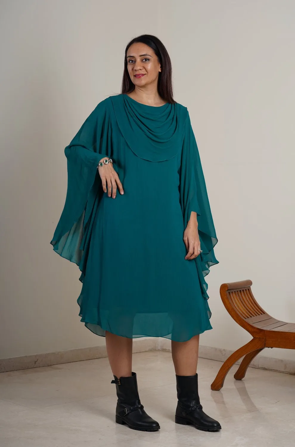 Batwings Dress-Teal Green