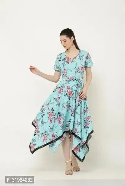 Beautiful Asymmetric Turquoise Floral Print Dress