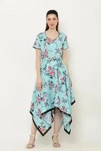 Beautiful Asymmetric Turquoise Floral Print Dress