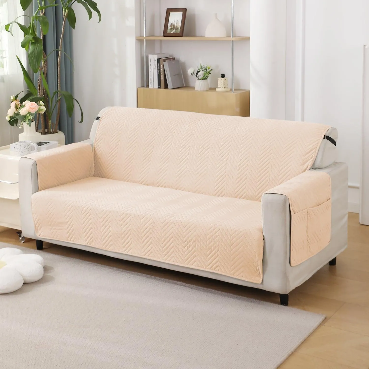 Beige Quilted Sofa Mat Cover with Pockets | Non-Slip & Full Fitted| 1/2/3 Seater