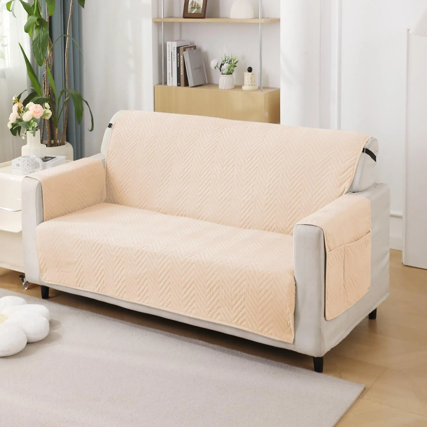 Beige Quilted Sofa Mat Cover with Pockets | Non-Slip & Full Fitted| 1/2/3 Seater