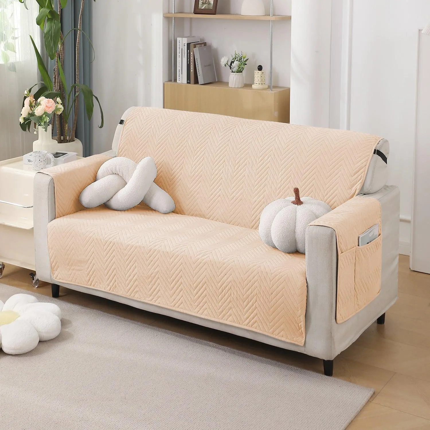 Beige Quilted Sofa Mat Cover with Pockets | Non-Slip & Full Fitted| 1/2/3 Seater