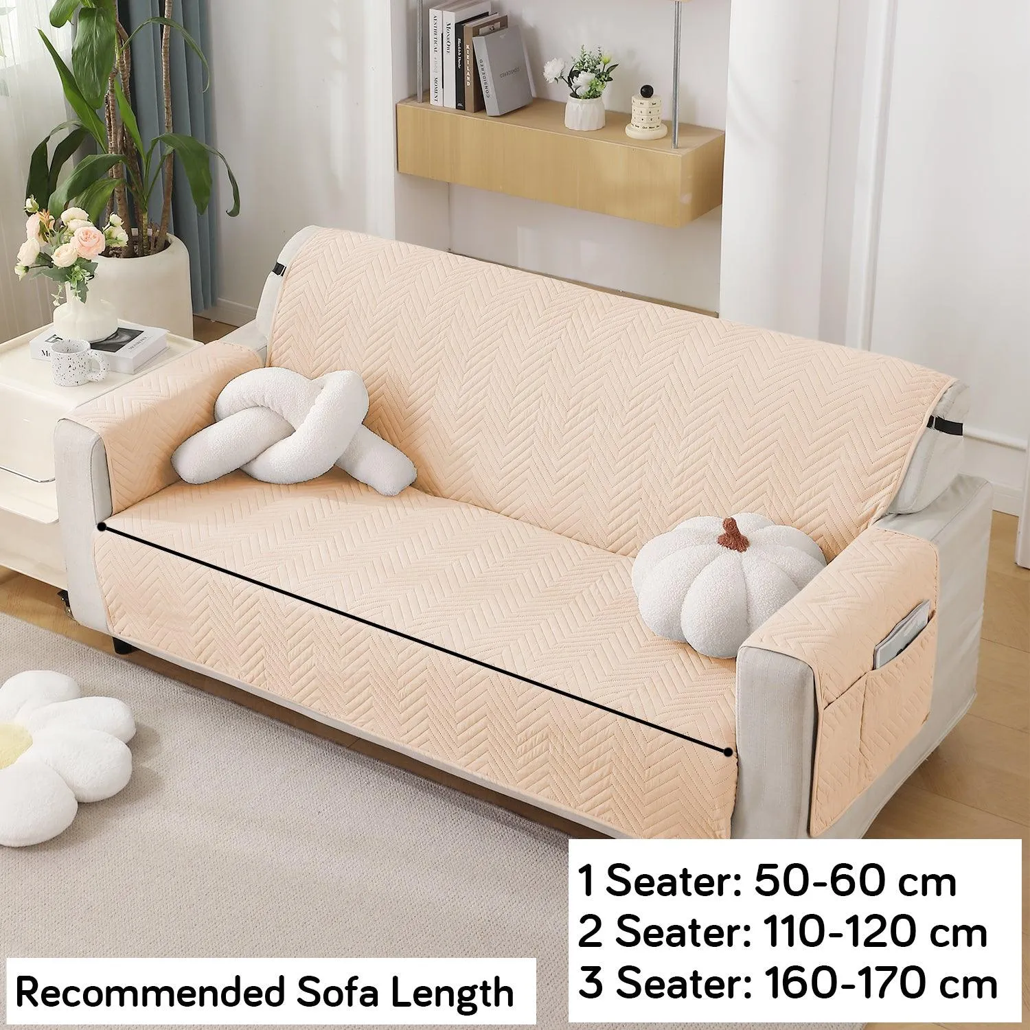 Beige Quilted Sofa Mat Cover with Pockets | Non-Slip & Full Fitted| 1/2/3 Seater