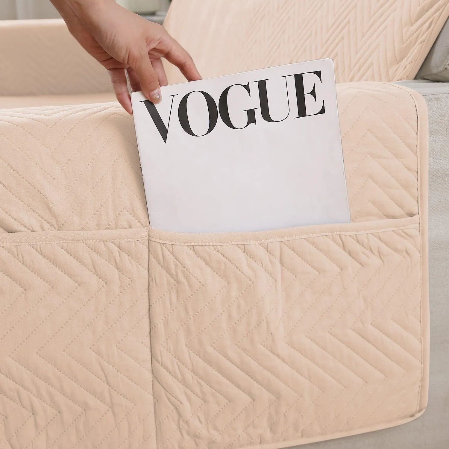 Beige Quilted Sofa Mat Cover with Pockets | Non-Slip & Full Fitted| 1/2/3 Seater