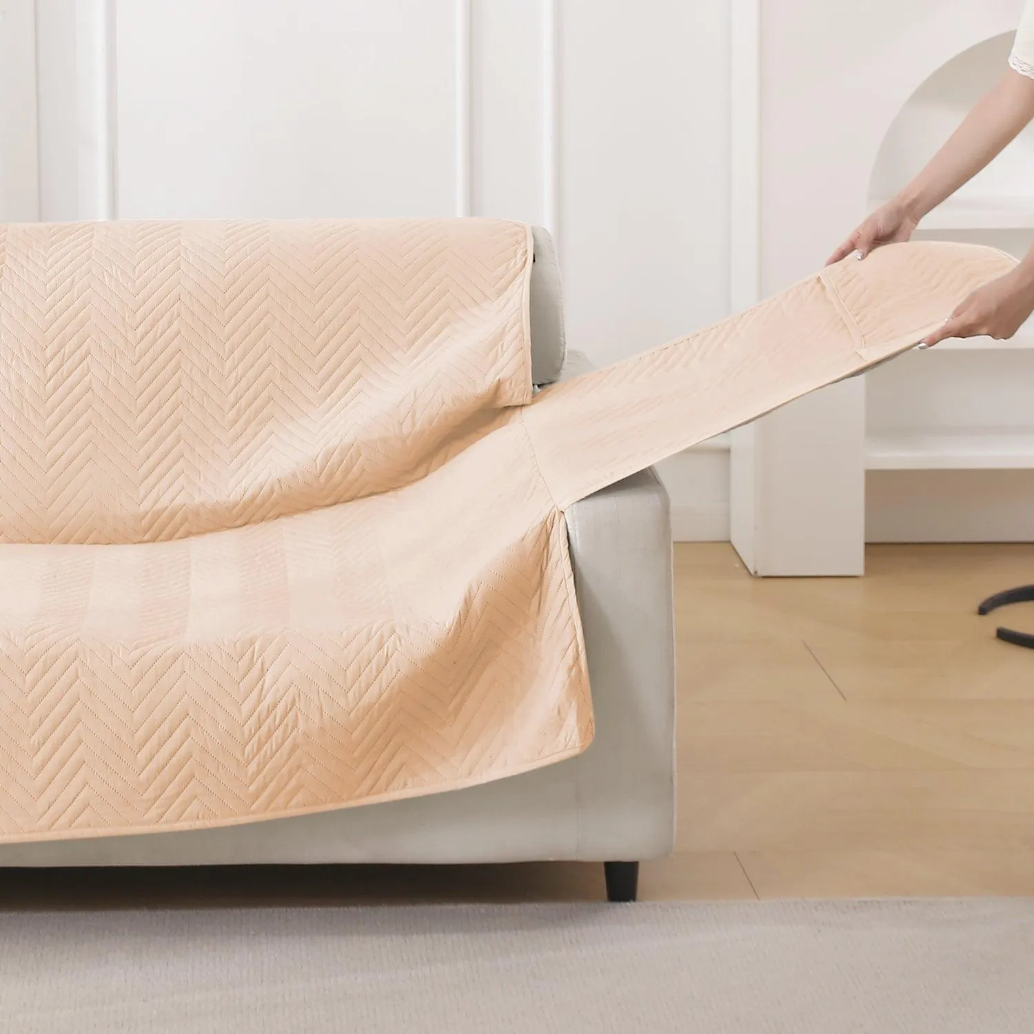 Beige Quilted Sofa Mat Cover with Pockets | Non-Slip & Full Fitted| 1/2/3 Seater