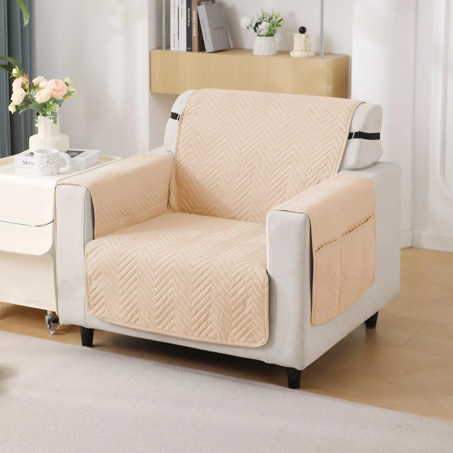 Beige Quilted Sofa Mat Cover with Pockets | Non-Slip & Full Fitted| 1/2/3 Seater