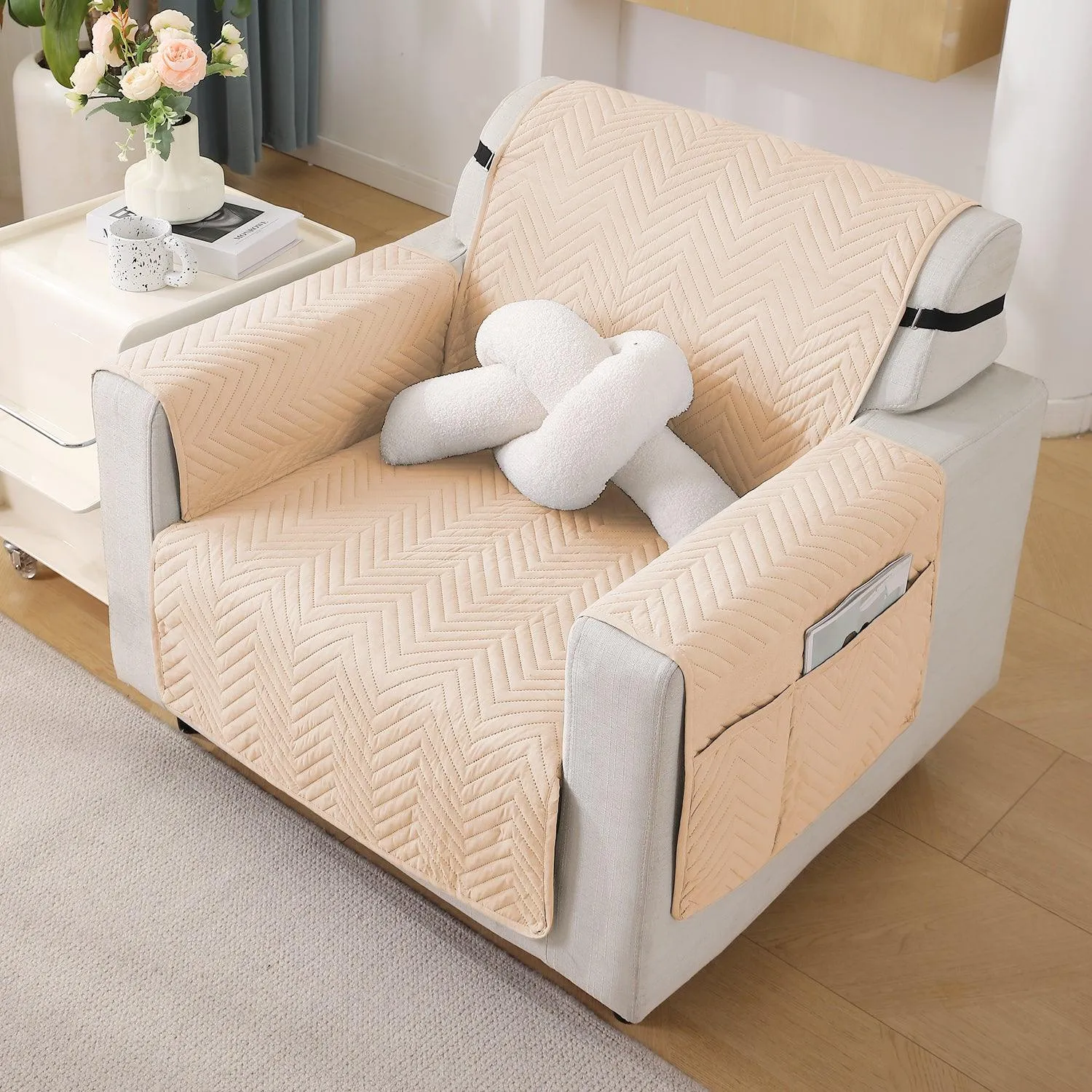 Beige Quilted Sofa Mat Cover with Pockets | Non-Slip & Full Fitted| 1/2/3 Seater