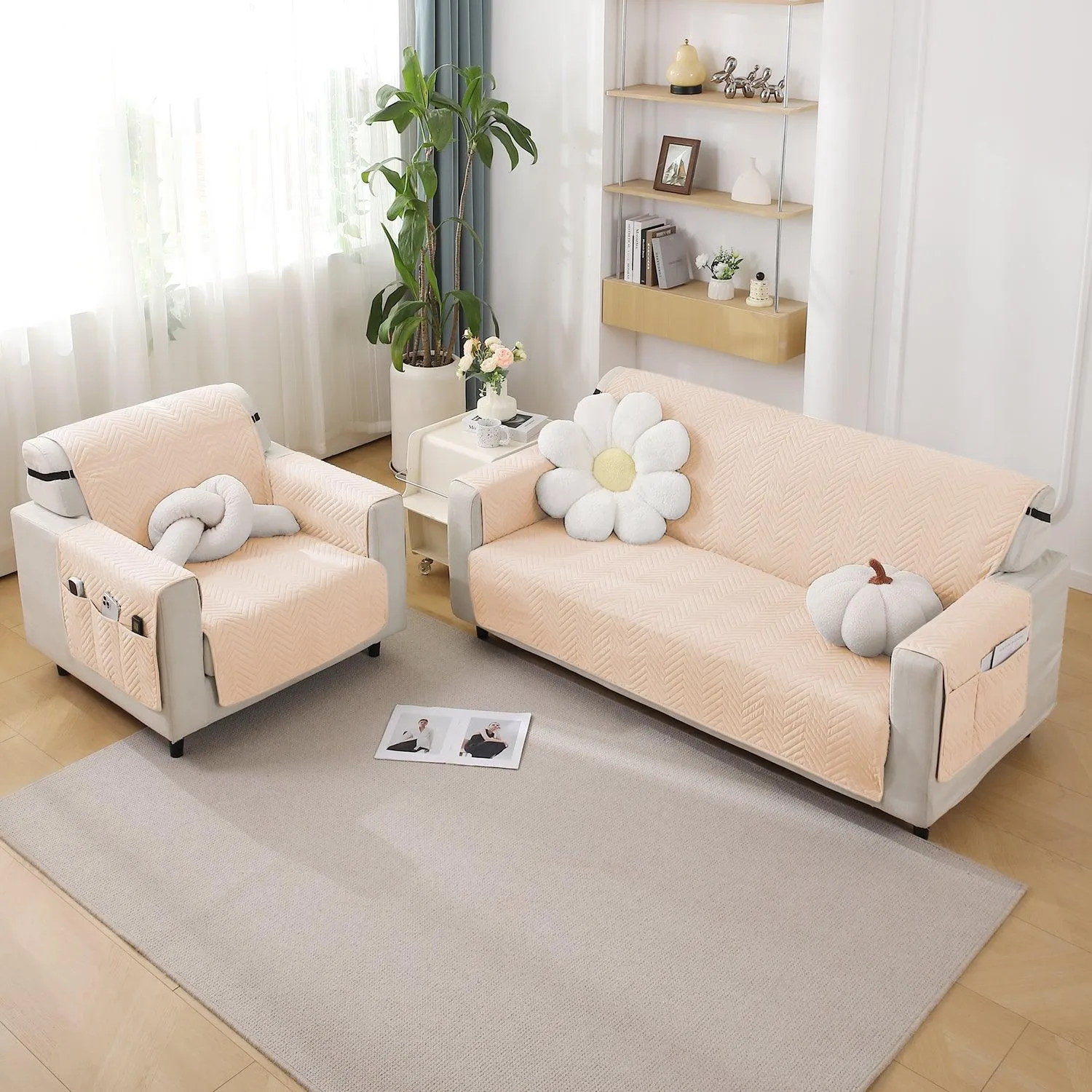 Beige Quilted Sofa Mat Cover with Pockets | Non-Slip & Full Fitted| 1/2/3 Seater