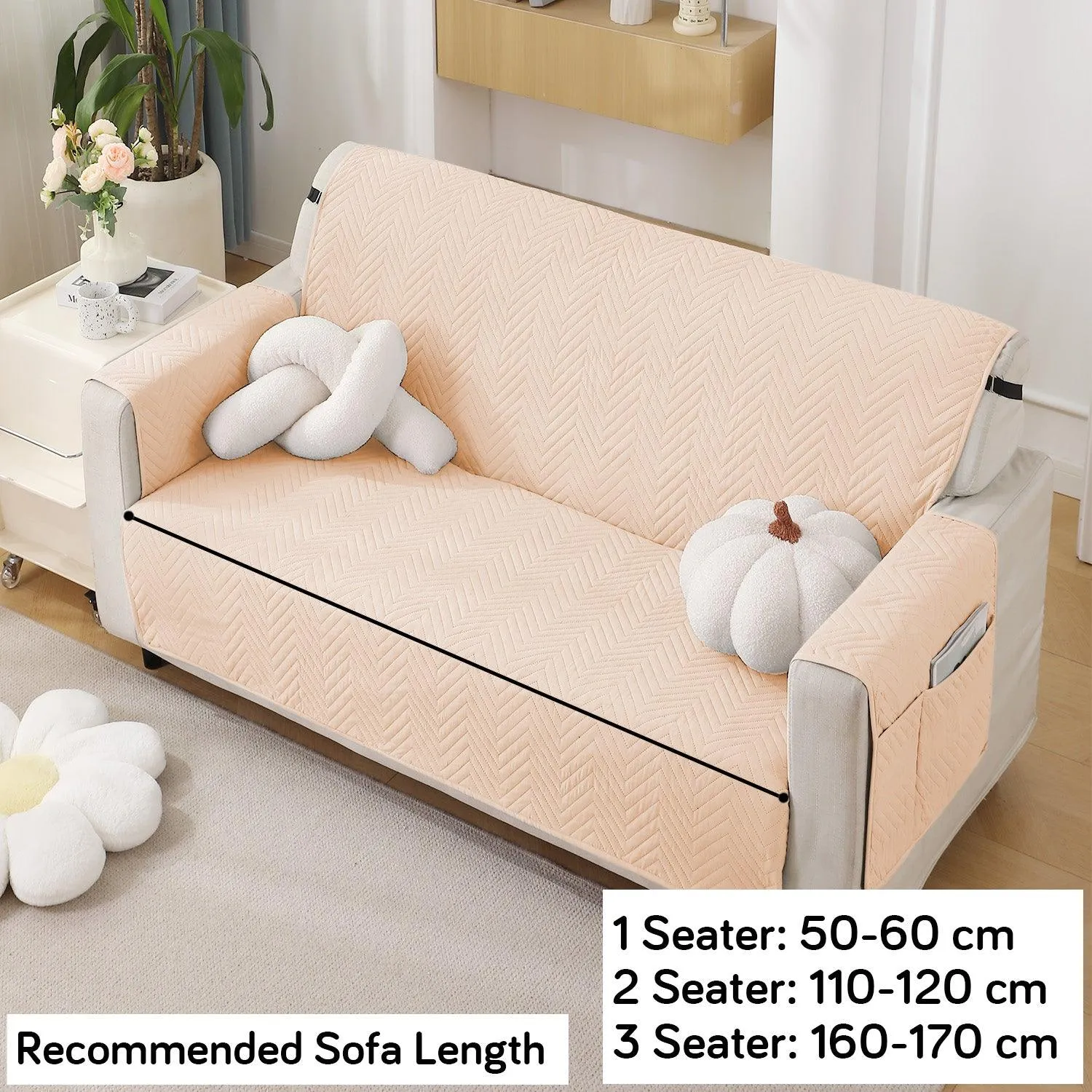 Beige Quilted Sofa Mat Cover with Pockets | Non-Slip & Full Fitted| 1/2/3 Seater