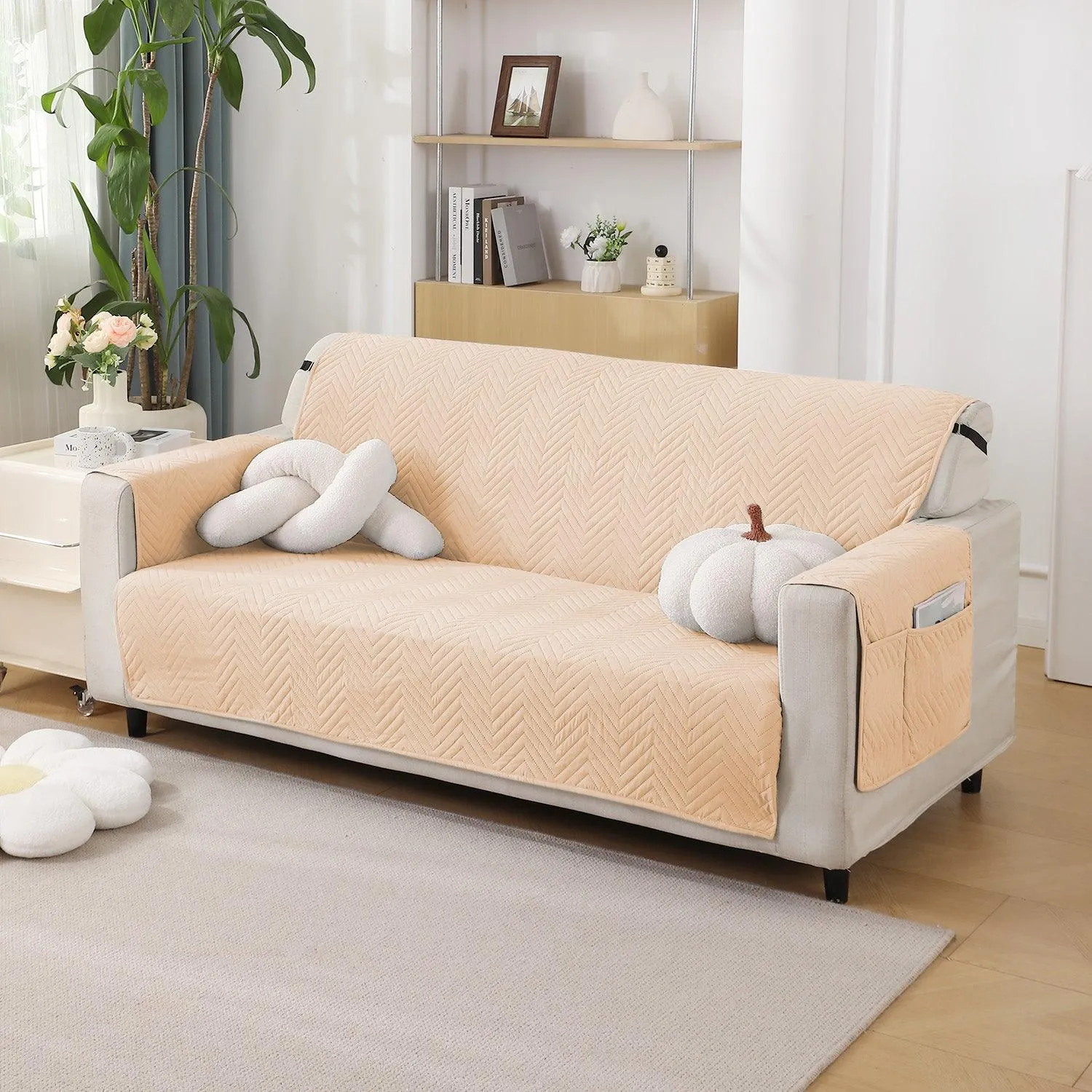 Beige Quilted Sofa Mat Cover with Pockets | Non-Slip & Full Fitted| 1/2/3 Seater