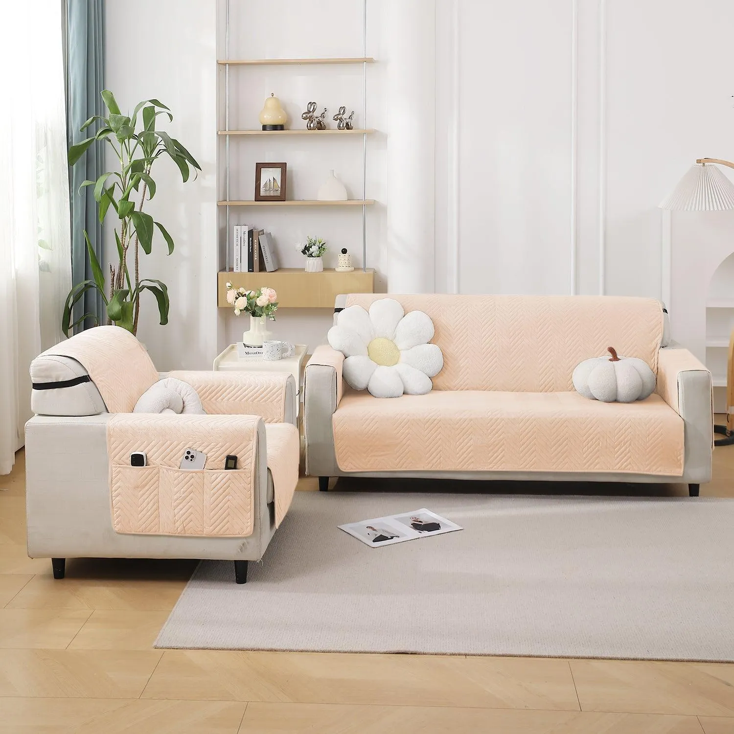 Beige Quilted Sofa Mat Cover with Pockets | Non-Slip & Full Fitted| 1/2/3 Seater