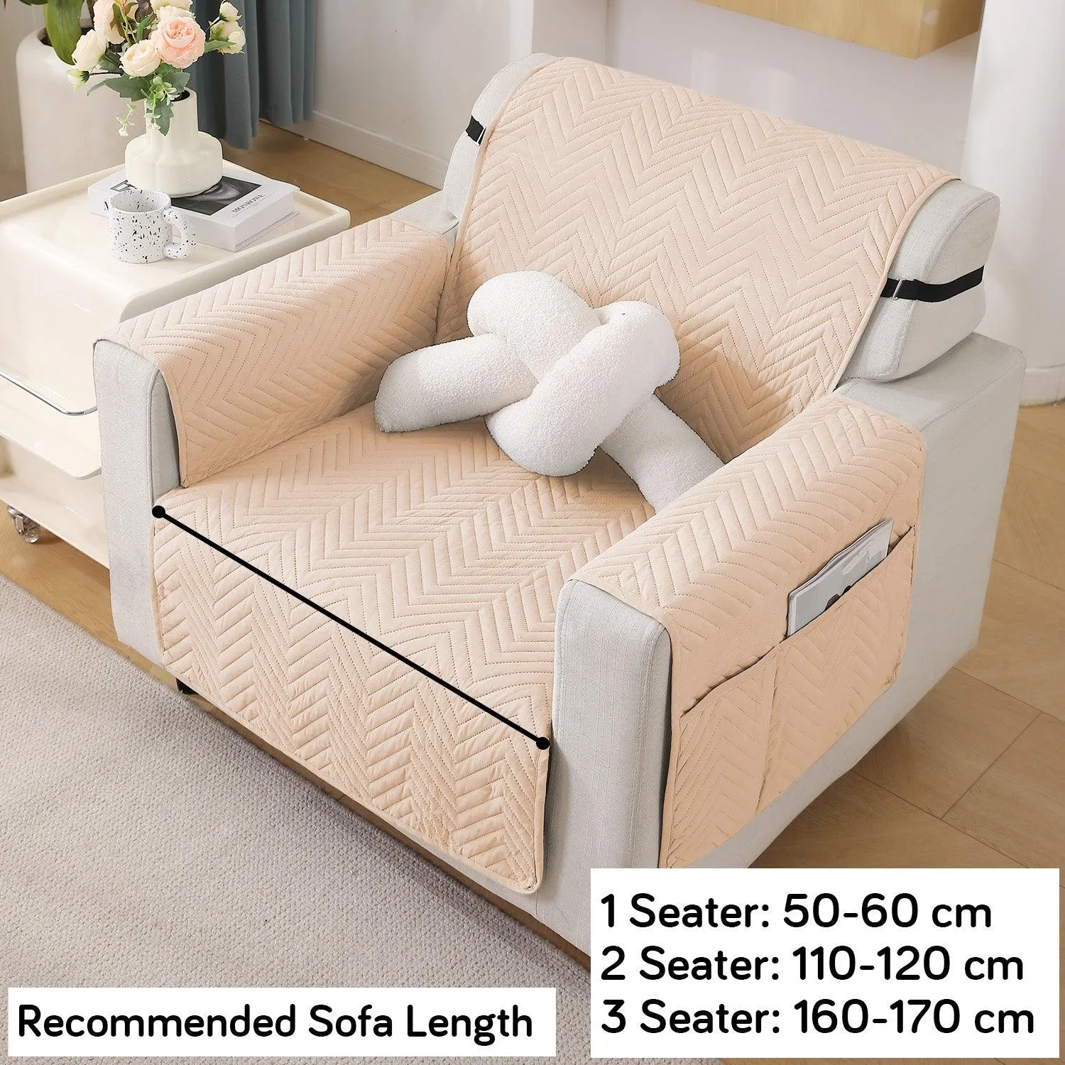 Beige Quilted Sofa Mat Cover with Pockets | Non-Slip & Full Fitted| 1/2/3 Seater