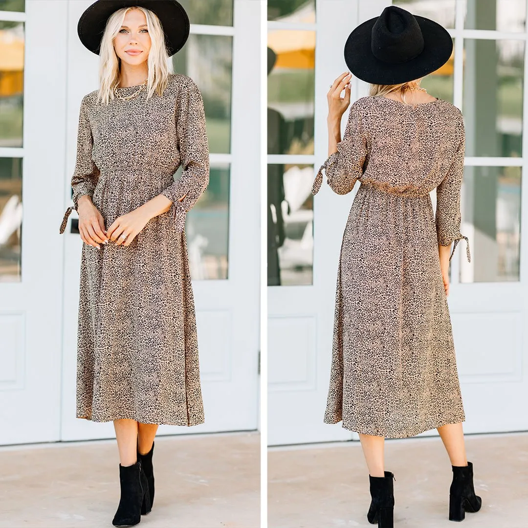 Believe In You Taupe Brown Leopard Midi Dress