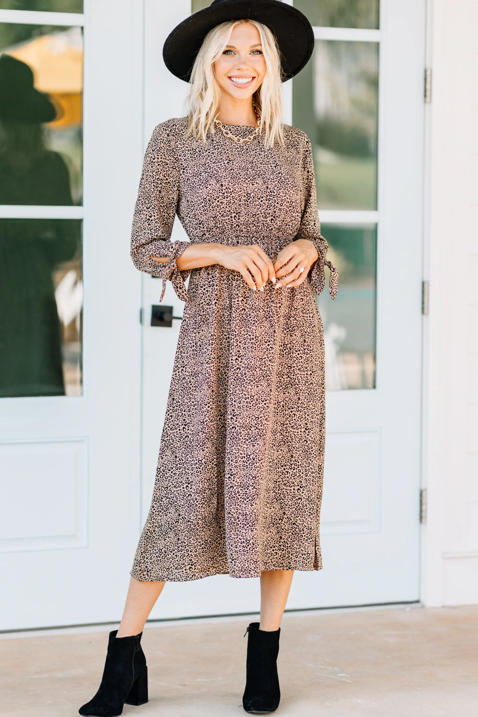Believe In You Taupe Brown Leopard Midi Dress