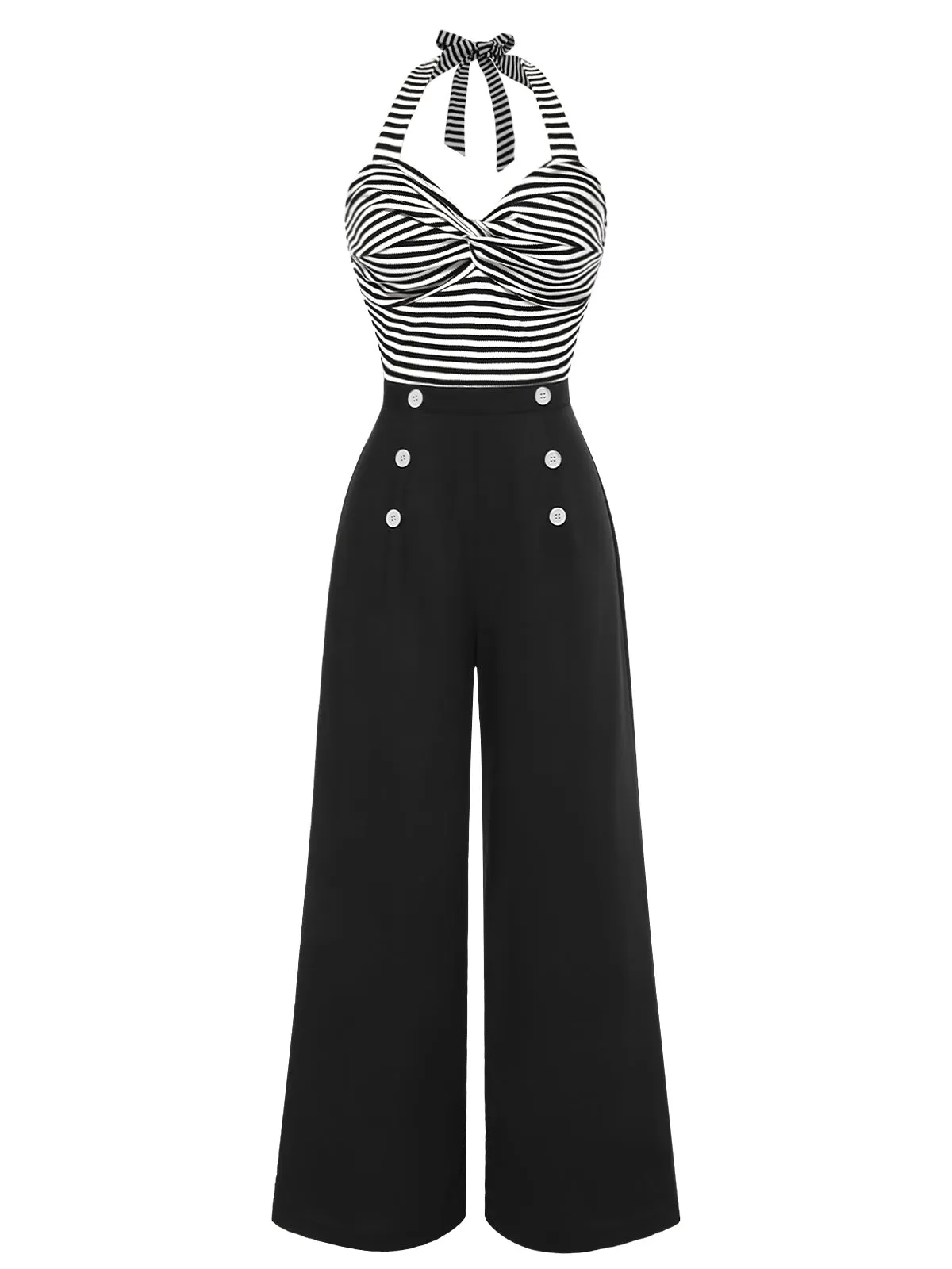Black 1960s Stripe Knit Patchwork Halter Jumpsuit