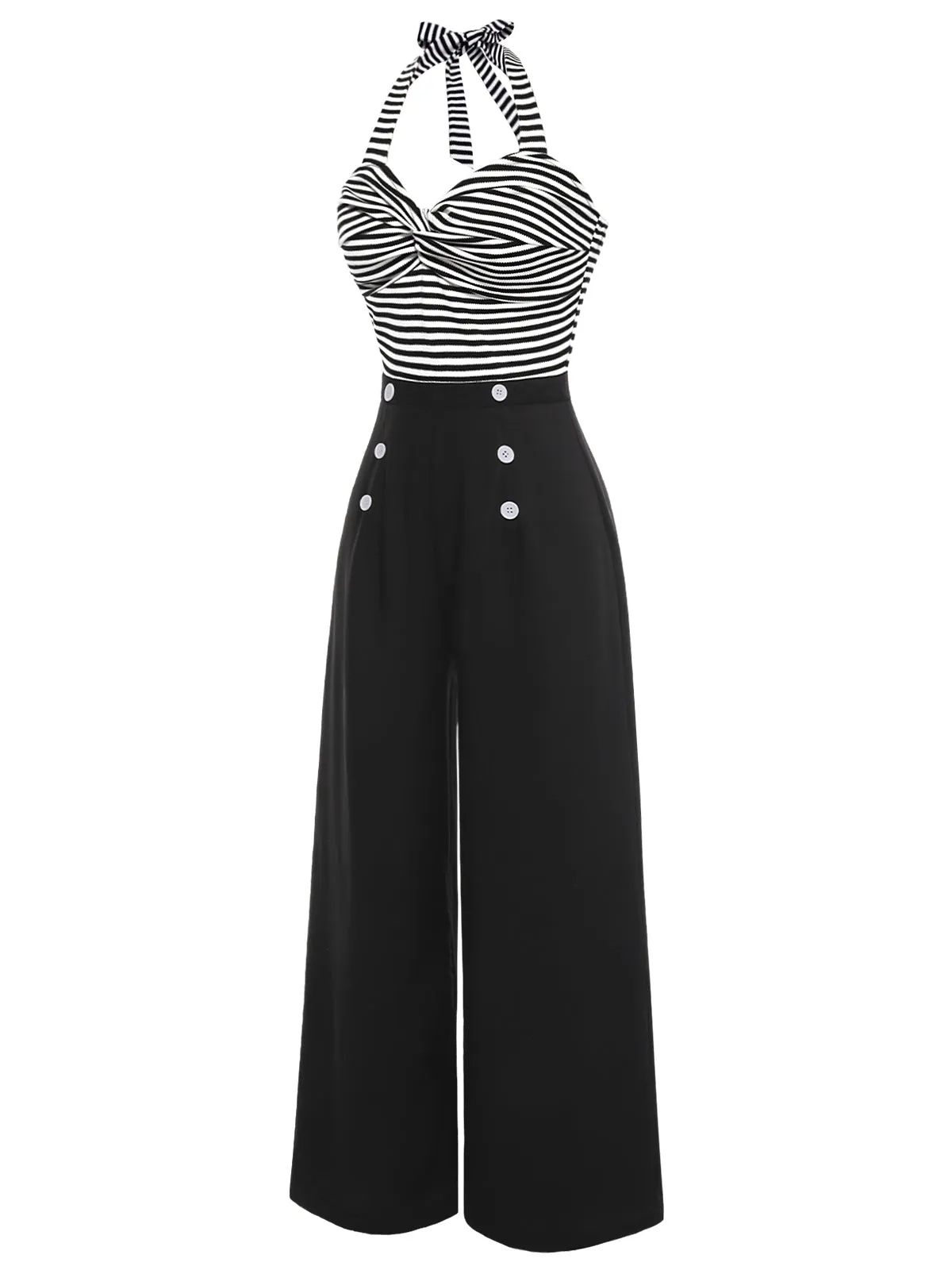 Black 1960s Stripe Knit Patchwork Halter Jumpsuit