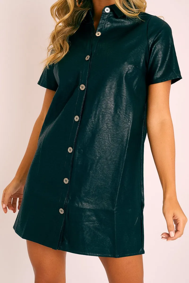 Black Faux Leather Button Up Shirt Dress - Alba