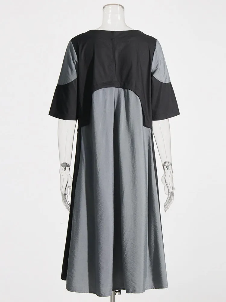 Black Loose Dress For Women Round Neck Short Sleeve Minimalist Casual Dresses Female New Clothing Fashion