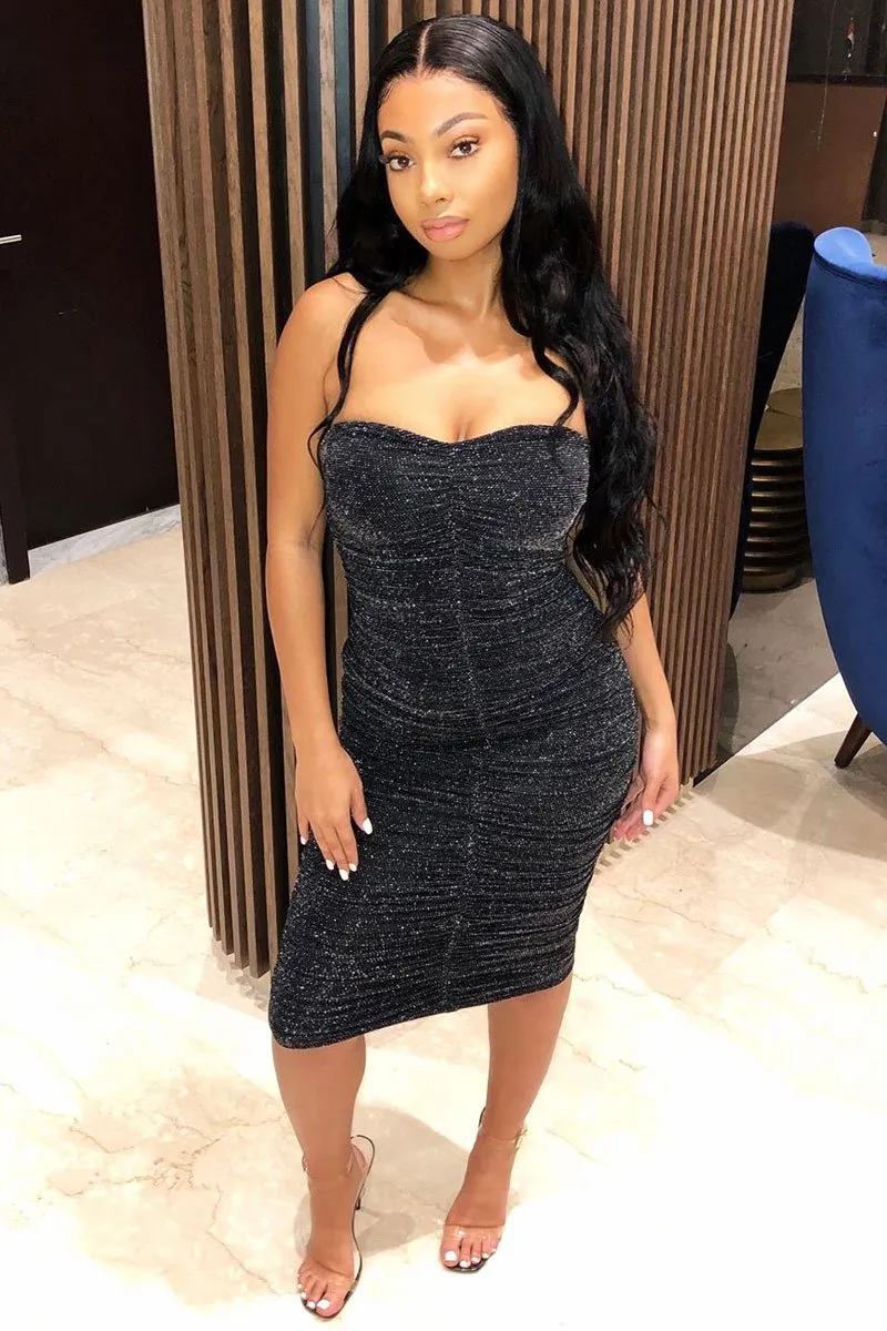 Black Lurex Glitter Extreme Ruched Slinky Midi Bodycon Dress - Kaja
