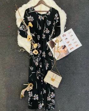 Black Printed Maxi Dress With Decent Sleeves.