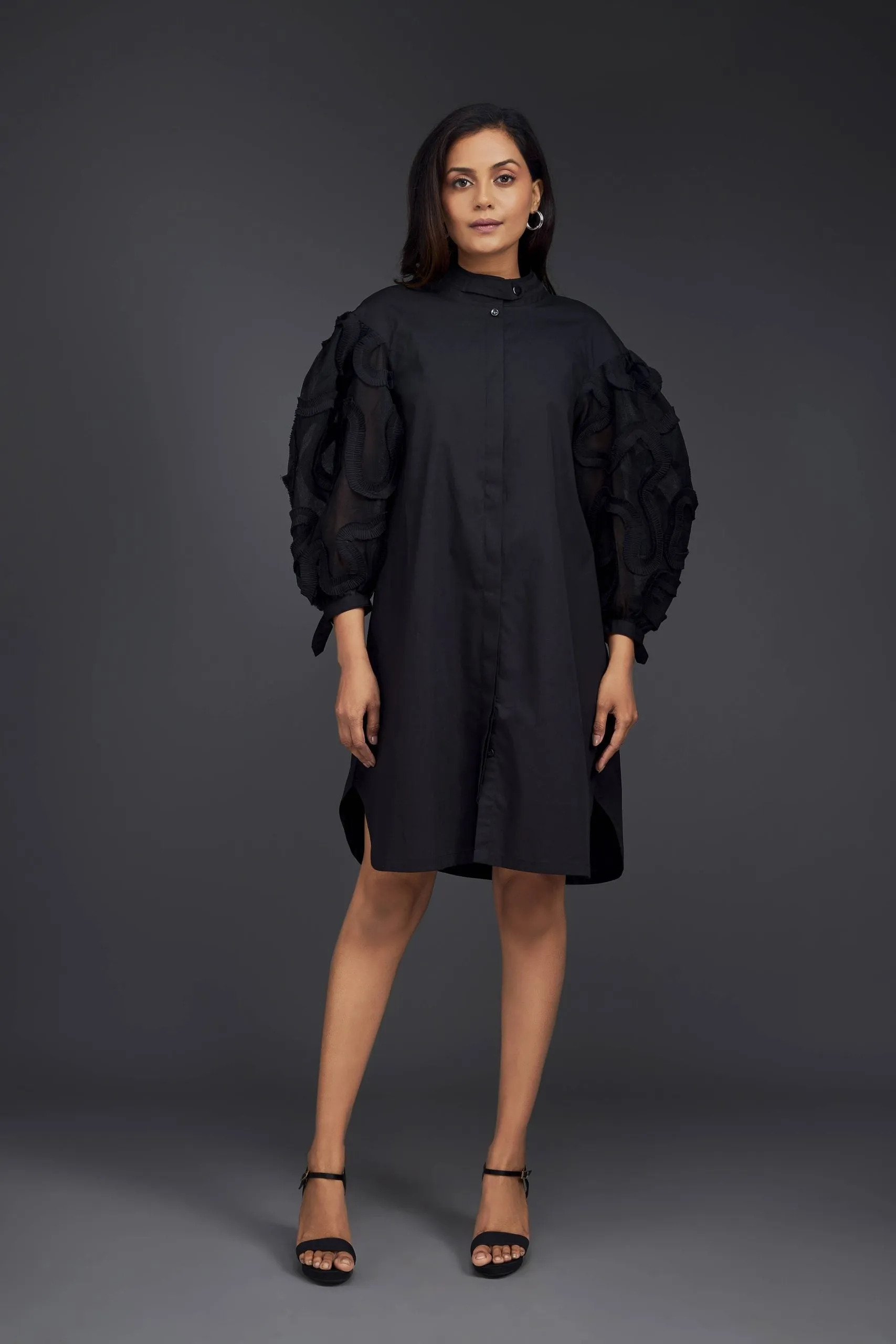 BLACK SHIRT DRESS  WITH PLEATED FRILL DETAILING ON SLEEVES