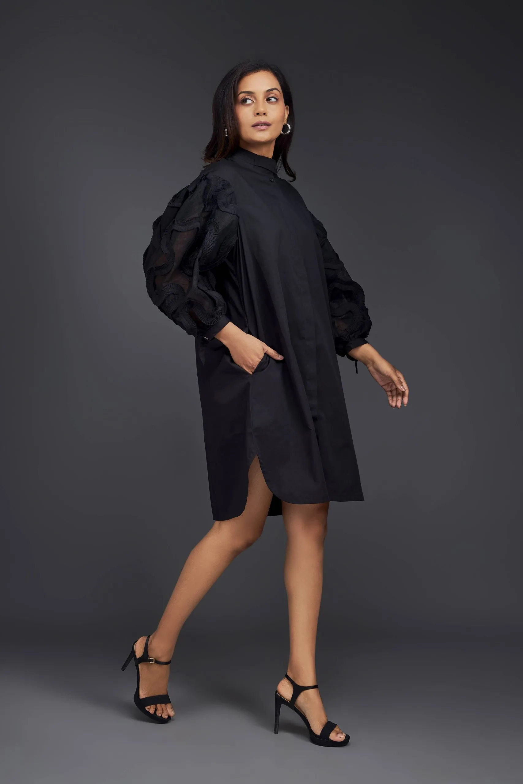 BLACK SHIRT DRESS  WITH PLEATED FRILL DETAILING ON SLEEVES