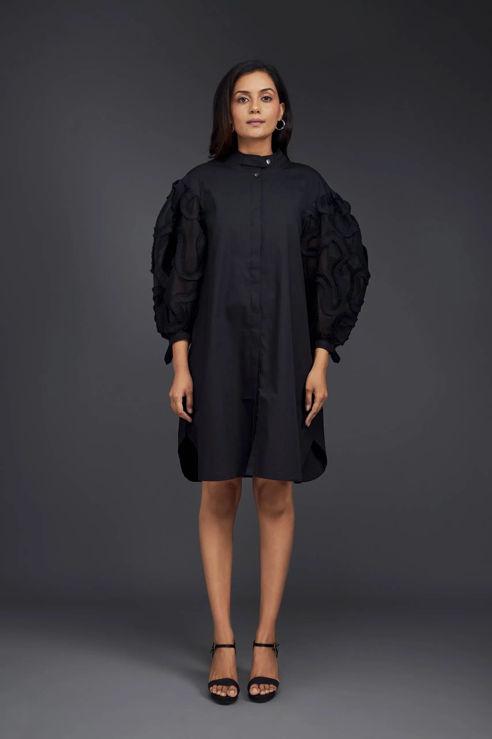 BLACK SHIRT DRESS  WITH PLEATED FRILL DETAILING ON SLEEVES